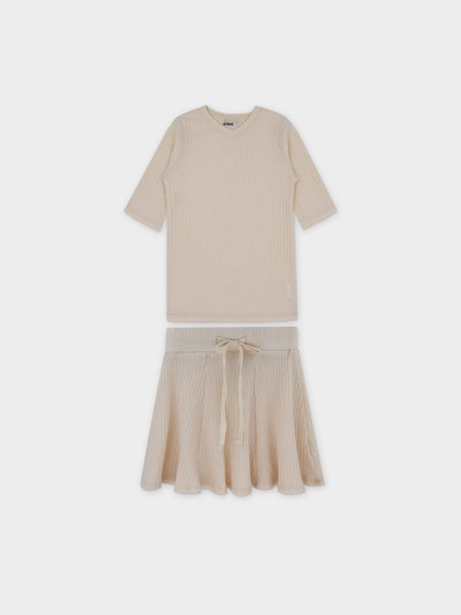 Pointelle V-Neck Short Sleeve Shirt &amp; Skirt-Ivory