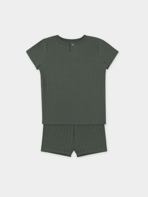 Green wide-ribbed One Snap Henley short set for kids with snap neck and matching shorts.