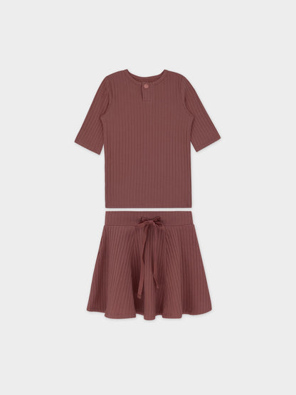 One Snap Henley Short Sleeve Shirt and Skirt-Mauve