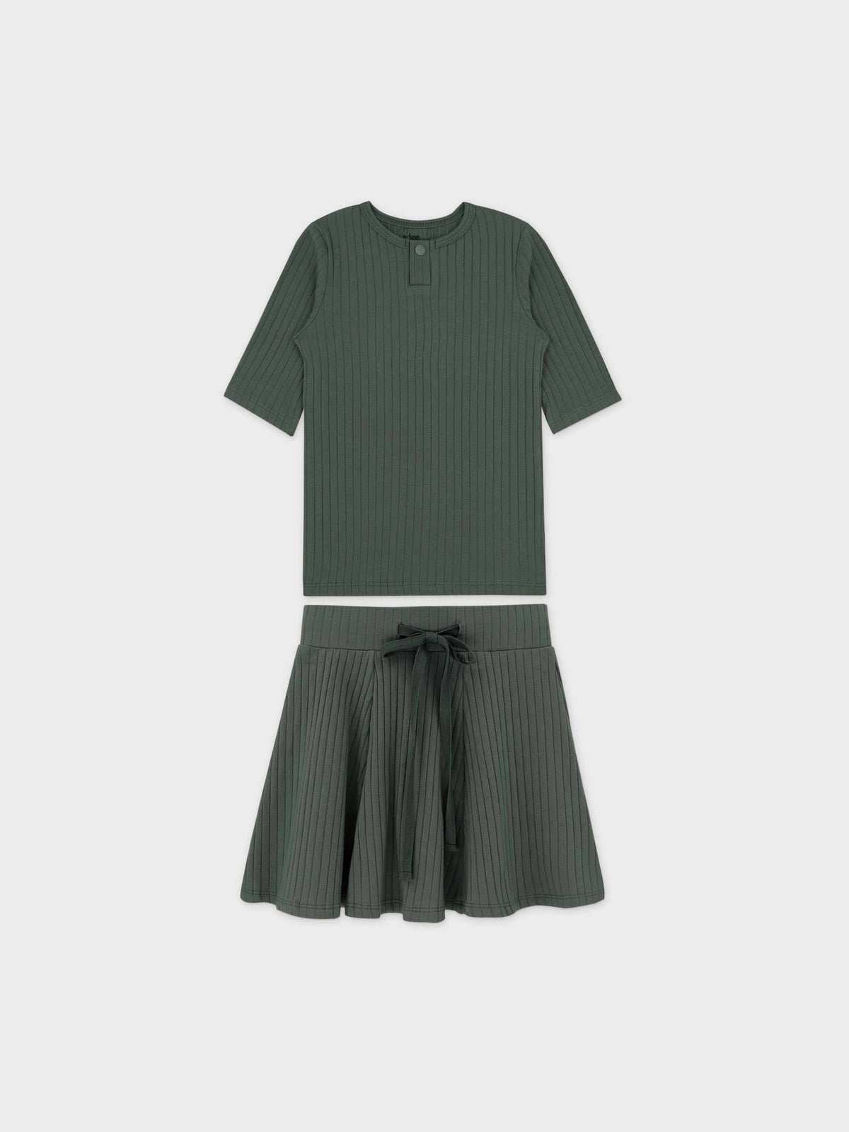 Green ribbed two-piece set: short-sleeve Henley shirt with snap buttons and matching skirt with tie belt.