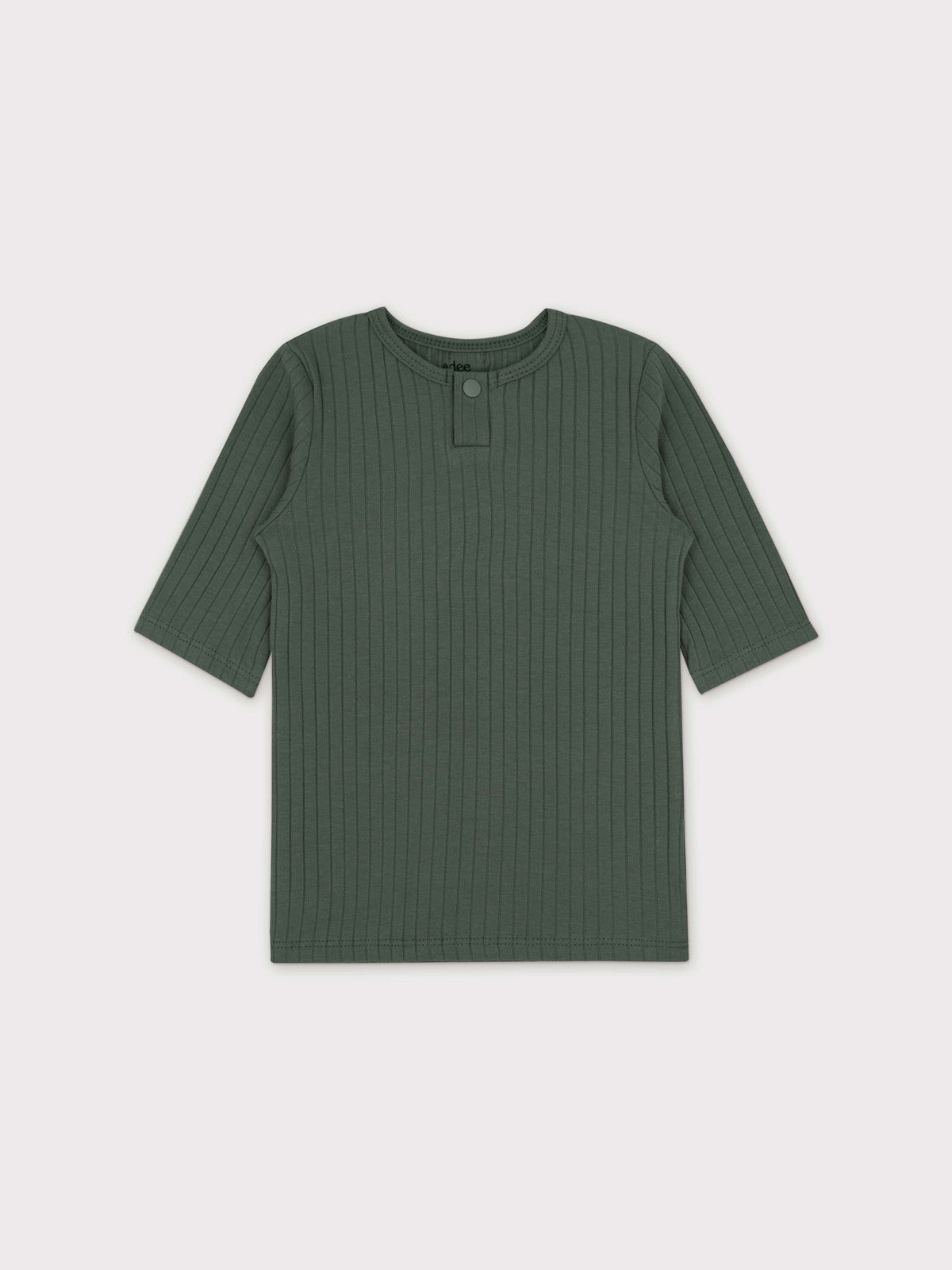 Green ribbed One Snap Henley toddler shirt with 3/4 sleeves and single snap placket