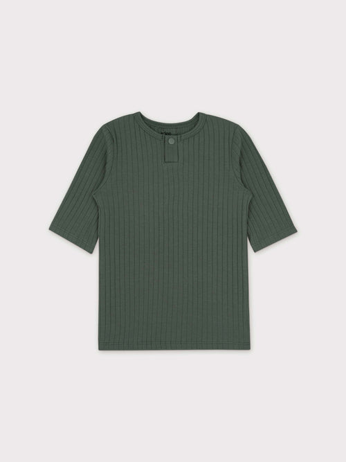 Green ribbed One Snap Henley toddler shirt with 3/4 sleeves and single snap placket