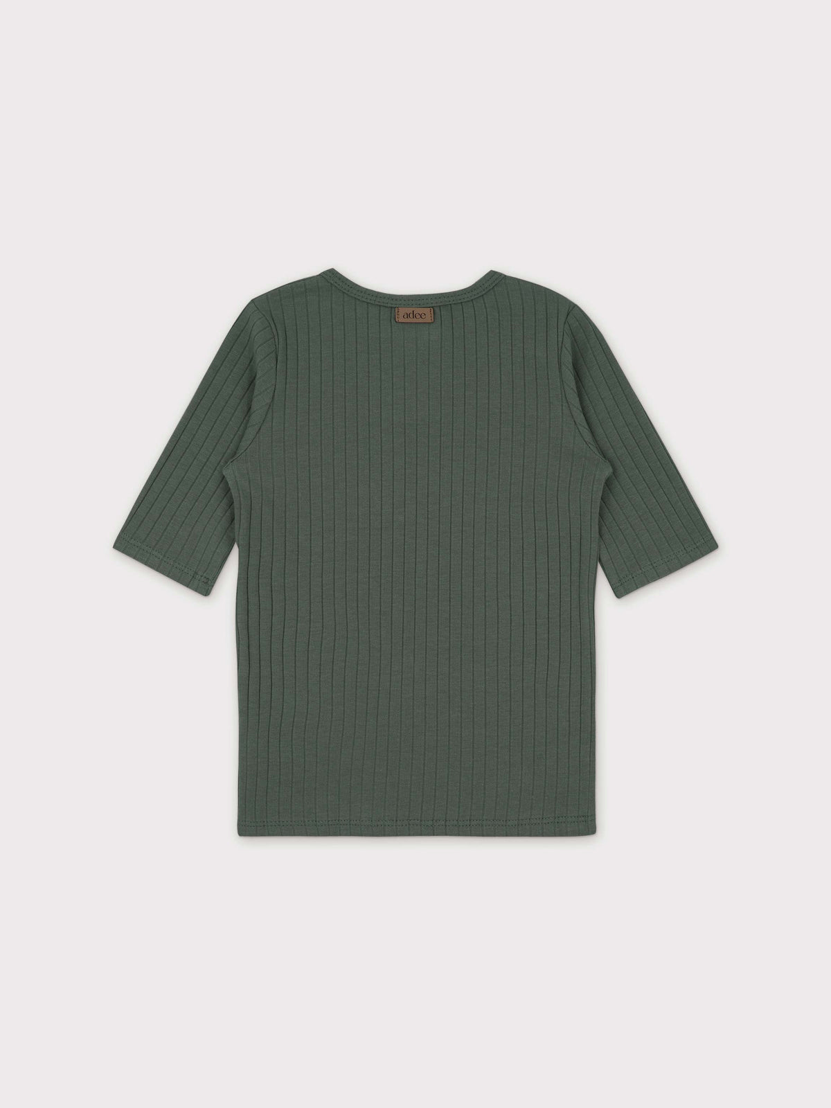 Green ribbed toddler shirt with 3/4 sleeves and snap Henley styling, part of a shirt &amp; skirt set.