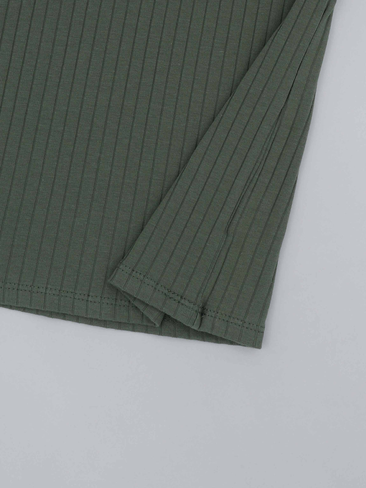 Green ribbed knit sleeve and hem from toddler One Snap Henley 3/4 Sleeve Shirt &amp; Skirt.