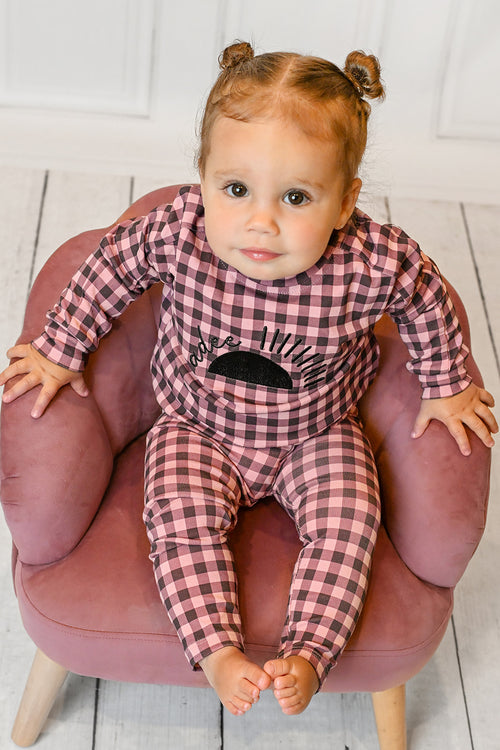 Gingham Pajamas Burgundy for girls by Adee; two-piece pink burgundy plaid top and leggings
