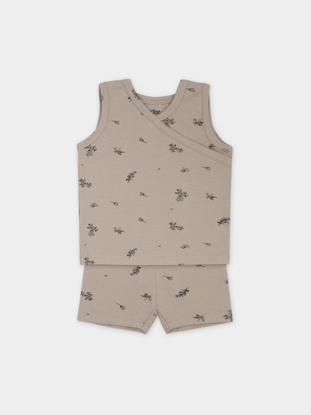 Adee lilac crossover tank set for little boys; beige fabric with blue floral prints, includes top and shorts.