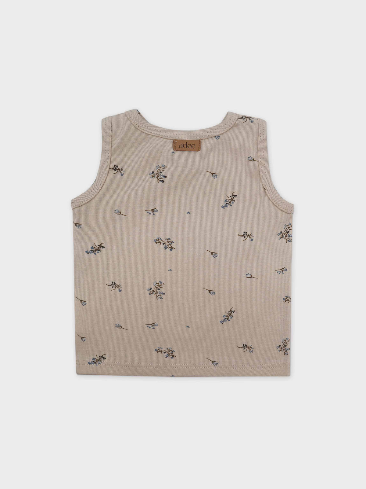 Adee little boys tank top; beige sleeveless ribbed tee with small blue floral prints.