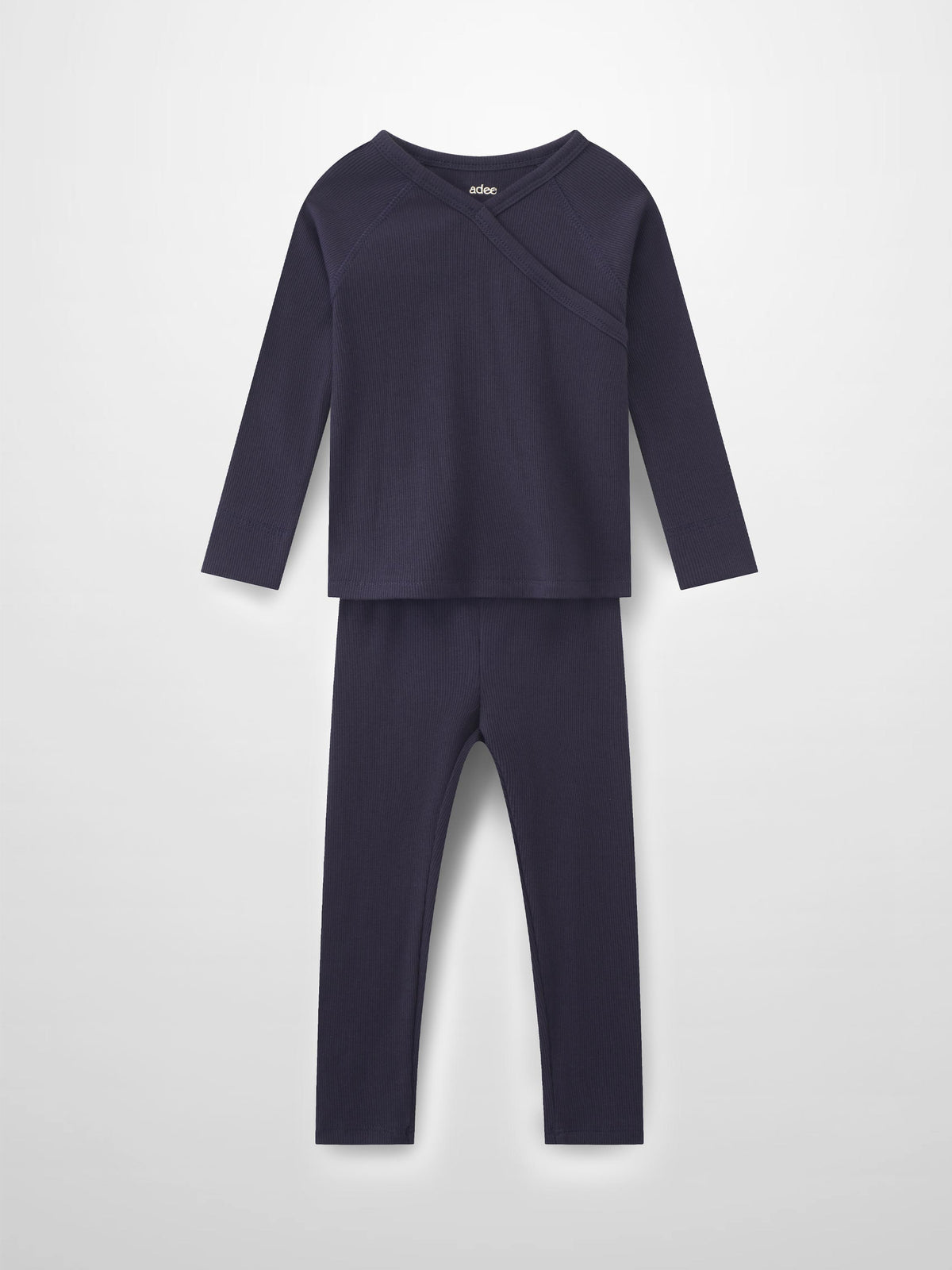 Navy thin-ribbed pajama set with crossover neckline, long-sleeve top and pants.