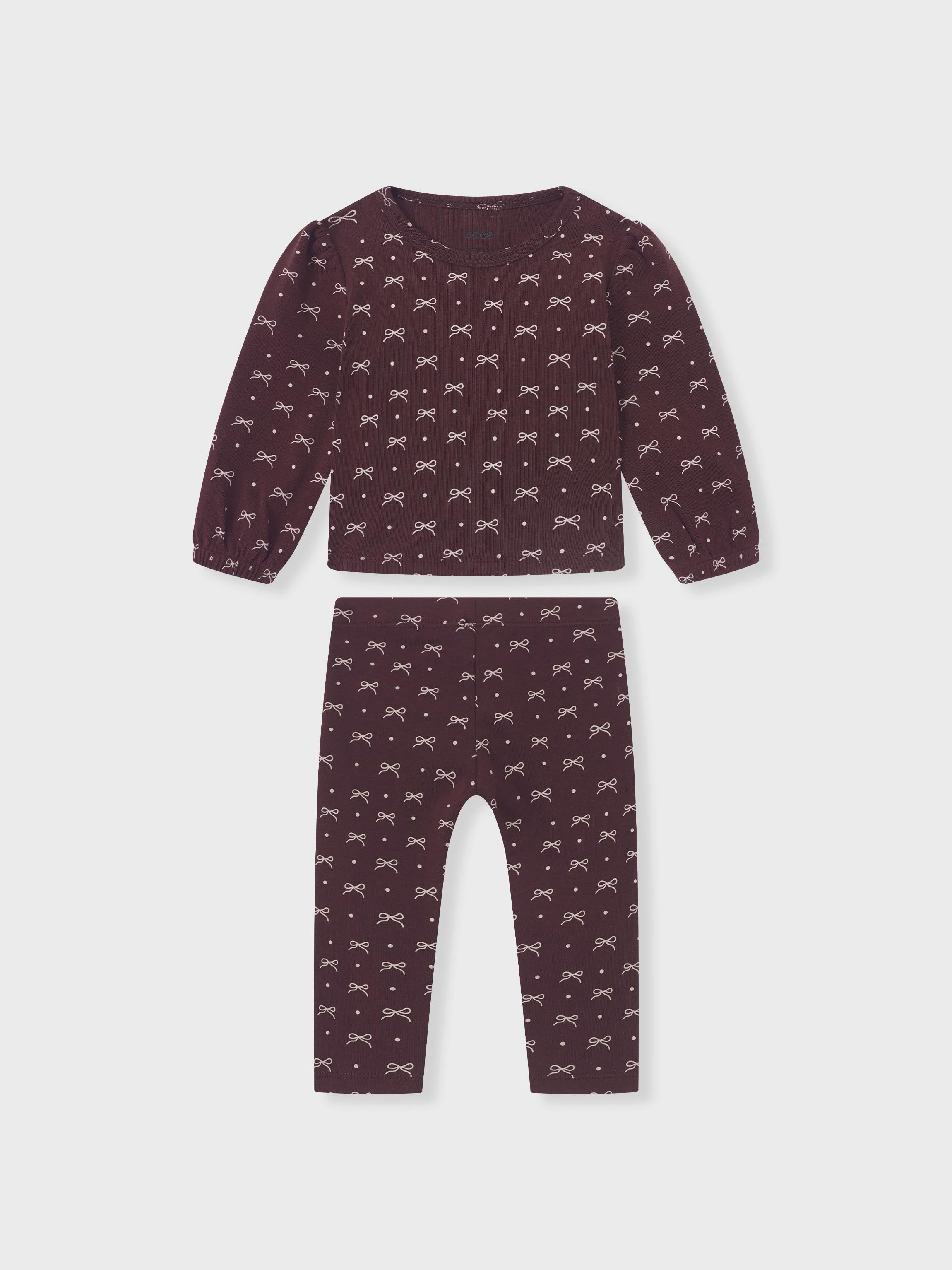 Adee burgundy bow set for little girls; two-piece long-sleeve top and pants with white bow pattern