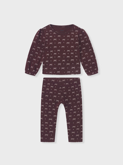 Adee burgundy bow set for little girls; two-piece long-sleeve top and pants with white bow pattern