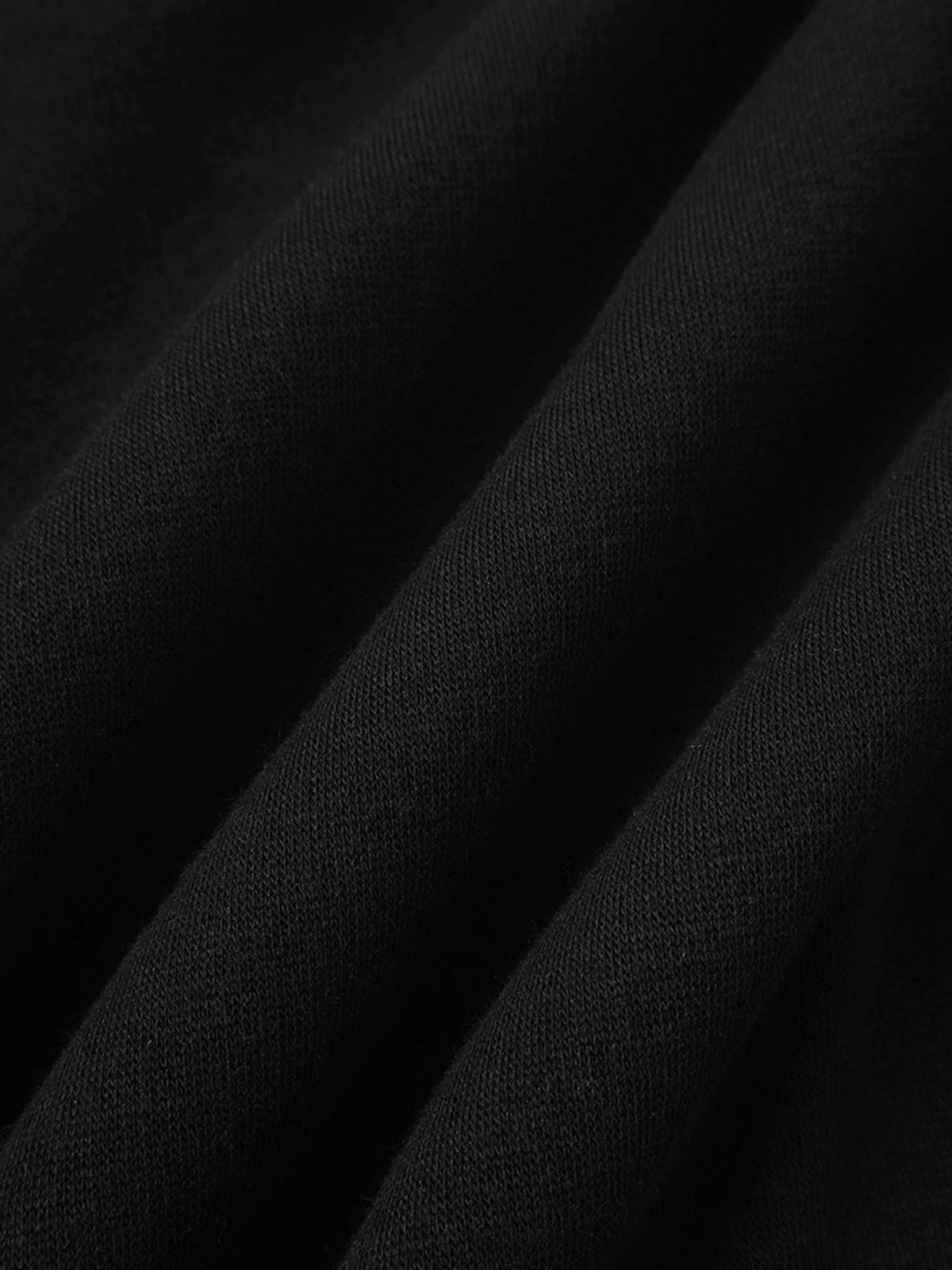Close-up of black sweatshirt fabric showing knit texture.
