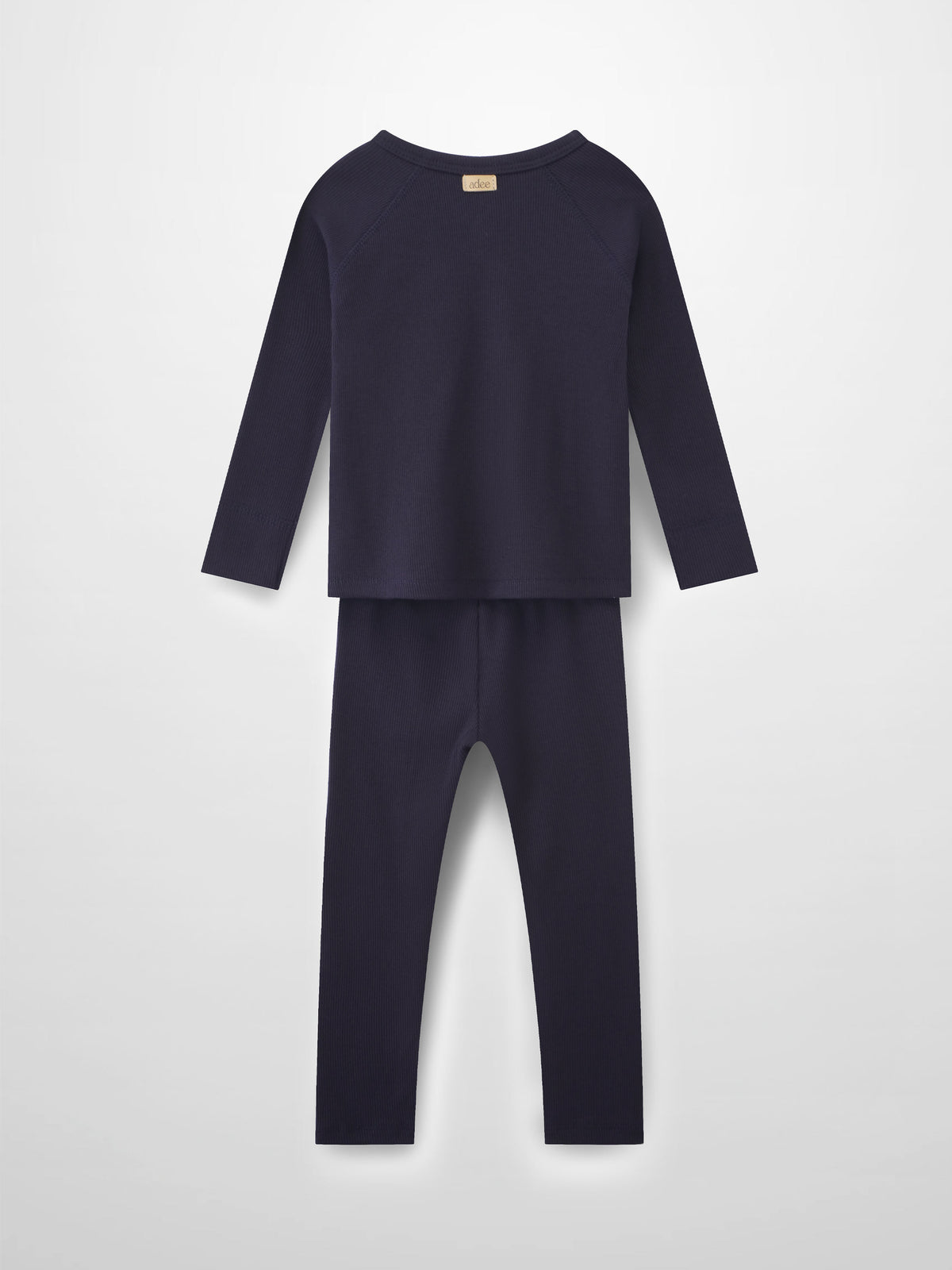 Navy thin ribbed crossover-neck pajama set for boys with long-sleeve top and full-length pants.