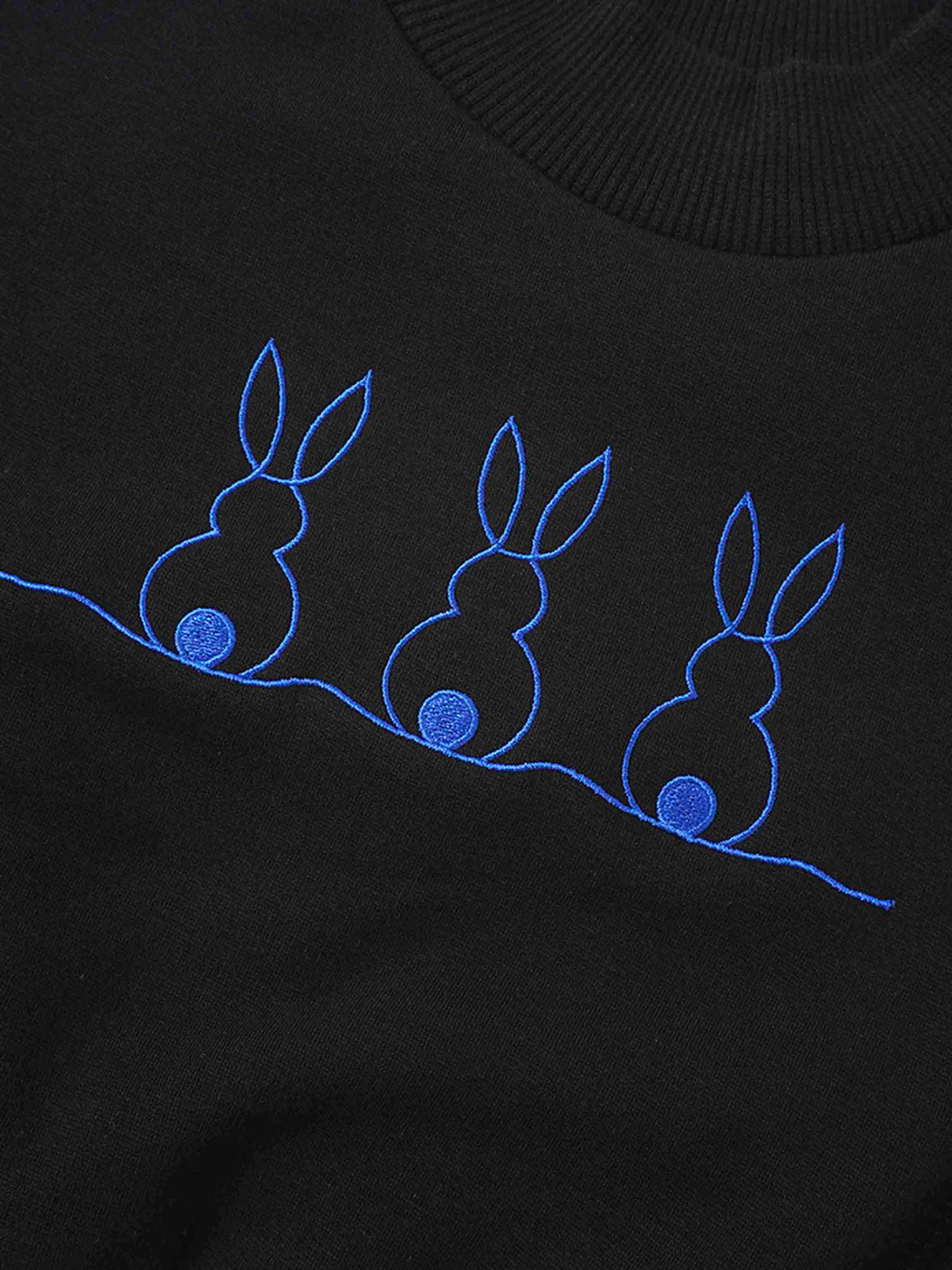 Embroidered Bunny Sweatshirt - Blue with blue bunny outlines along a wavy line on black fabric