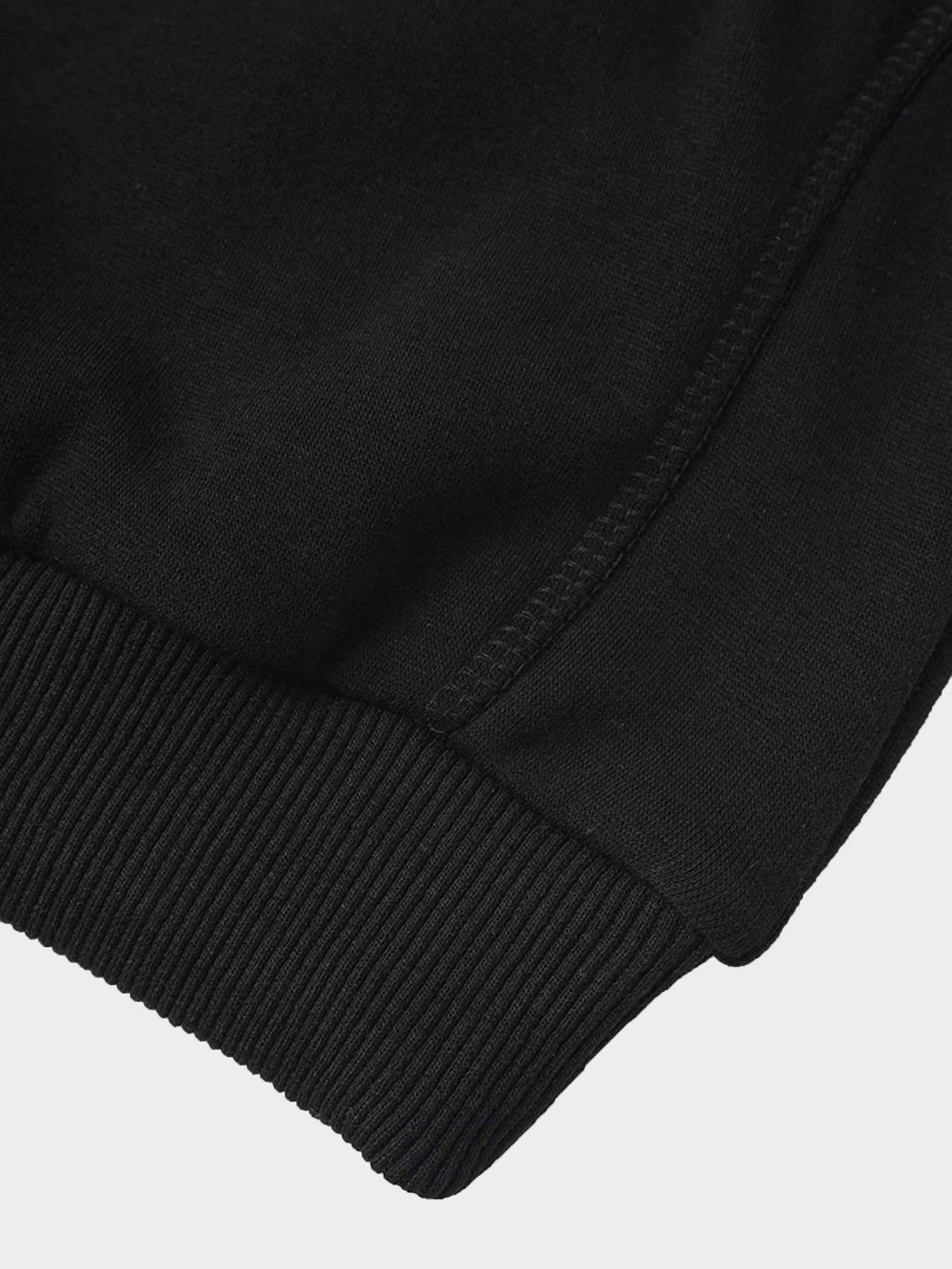 Close-up of a black ribbed cuff on a sweatshirt with visible seam and knit texture.