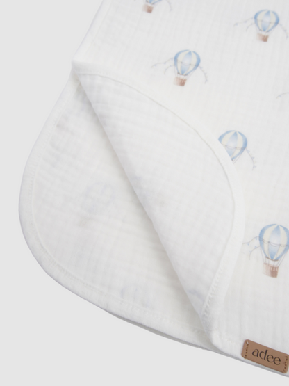 Blue Balloon Blanket swaddle by Adee for boys; white fabric with light blue hot-air balloon print