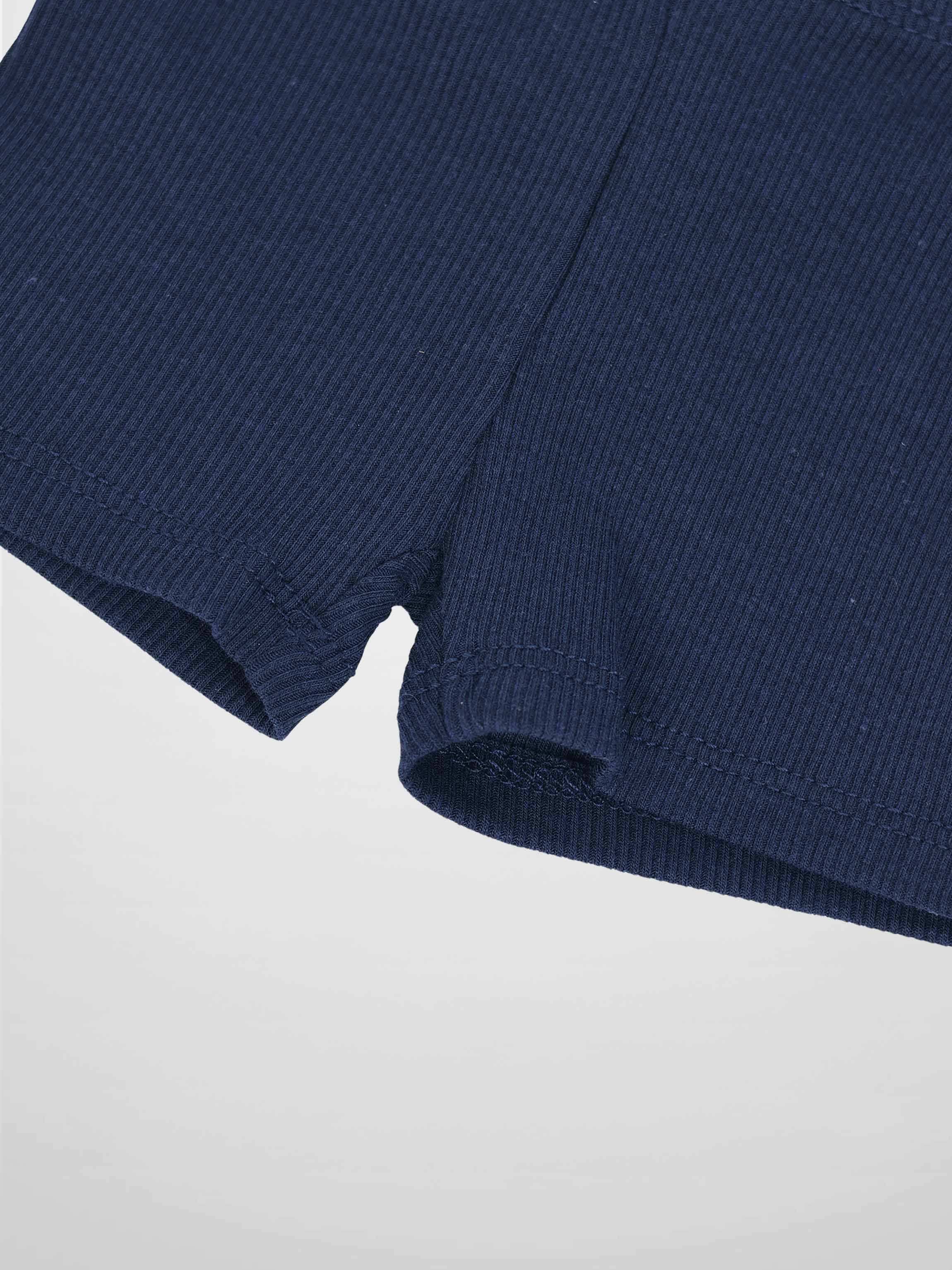 Biker shorts in navy thin ribbed fabric; close-up shows textured knit and stitched hem.