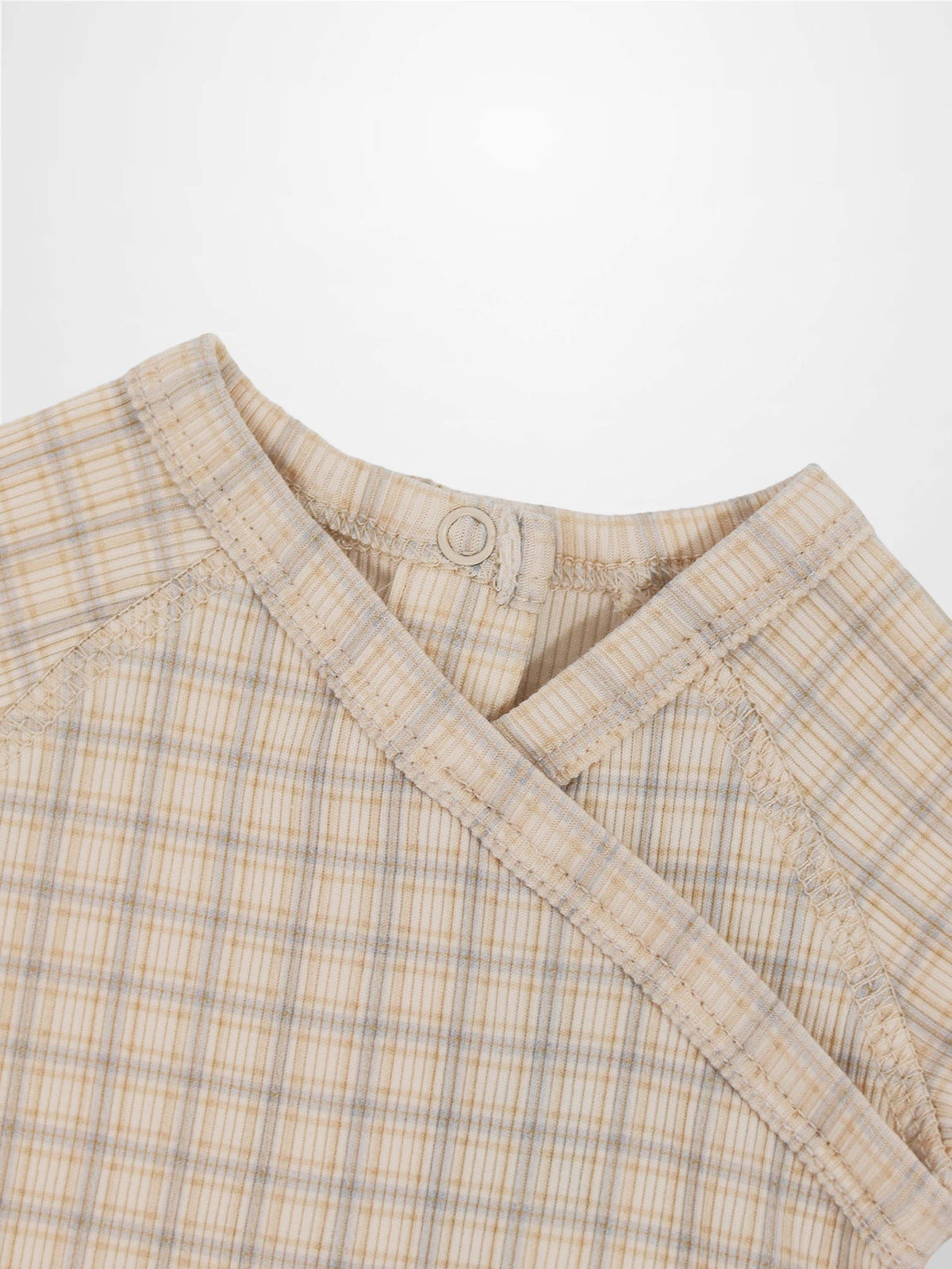 Adee Oatmeal Grid Stretchy Blue boys stretchies jumpsuit in light beige plaid grid fabric