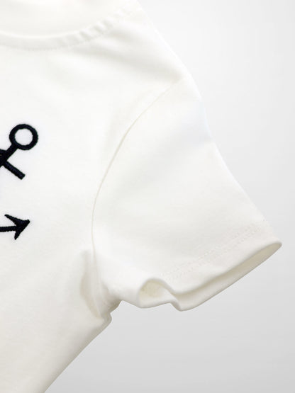Adee Embroidered Anchor Boxy Short Sleeve T-Shirt, white cotton with black anchor embroidery.