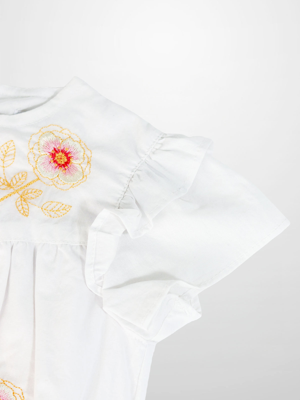 Embroidered Flower Romper for girls, white dressy romper with yellow-pink embroidery, Adee