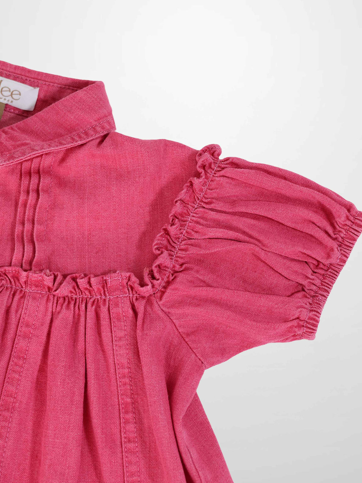 Adee pink denim short-sleeve dress for girls with puff sleeve and gathered yoke.