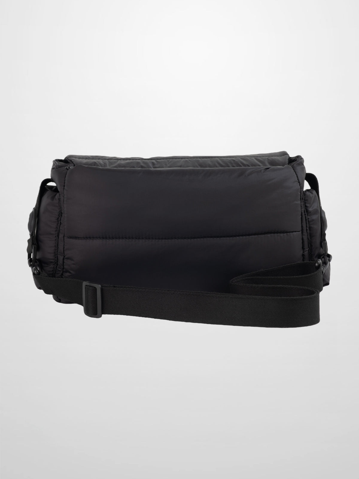 Black padded diaper bag with a foldover top and a wide adjustable strap for sleek everyday use.