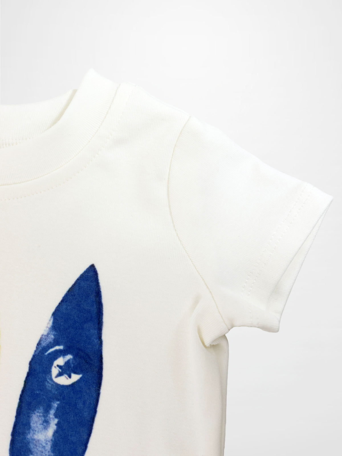 Surf Board T-shirt for boys, white short-sleeve top with blue surfboard graphic by Adee