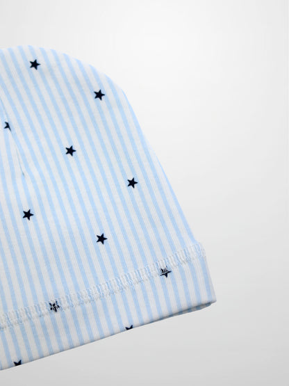 Blue Star Hat for boys in light blue and white stripes with navy stars