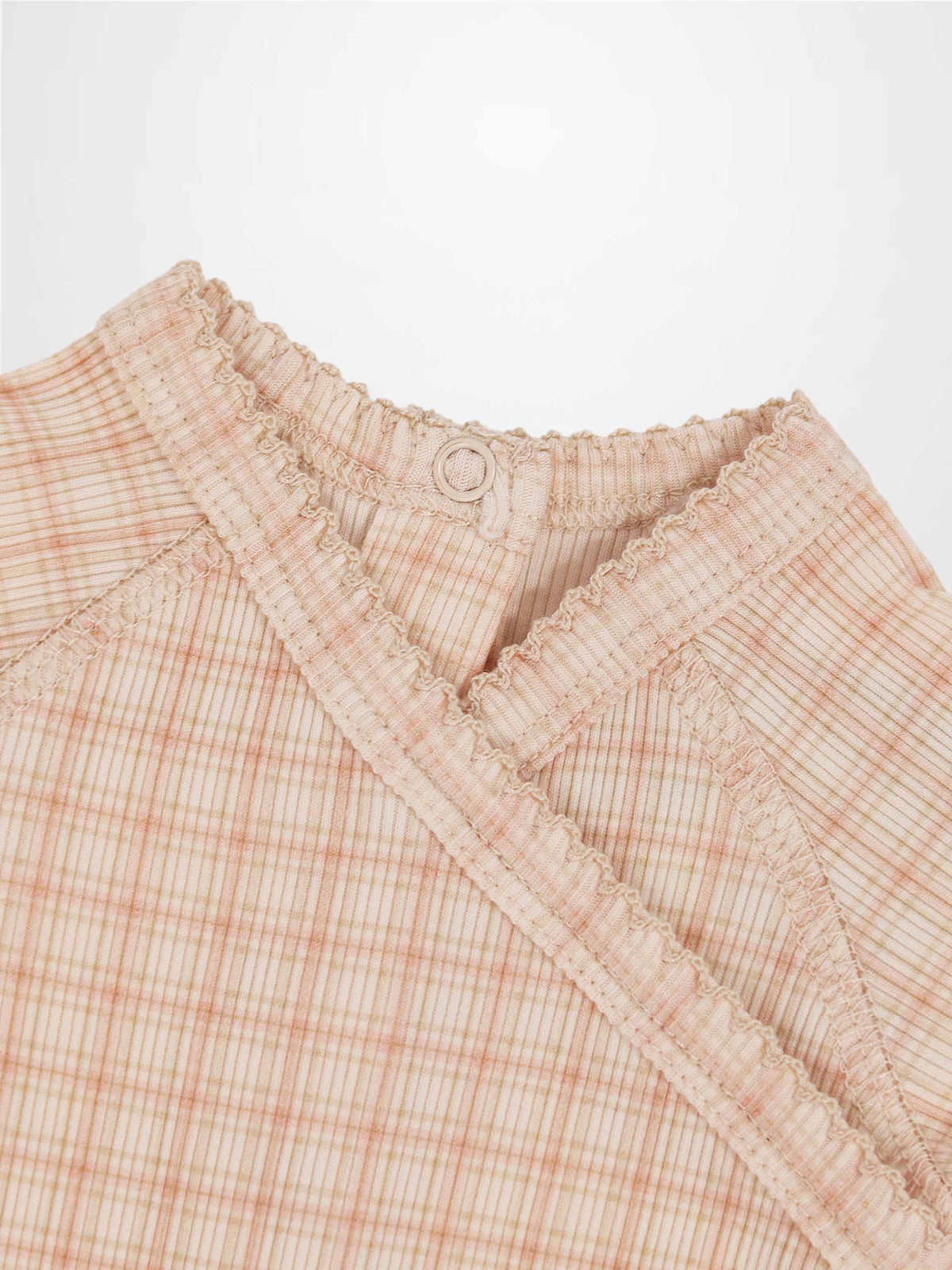 Oatmeal Grid Stretchy pink girls garment with ruffled neckline and back neck snap