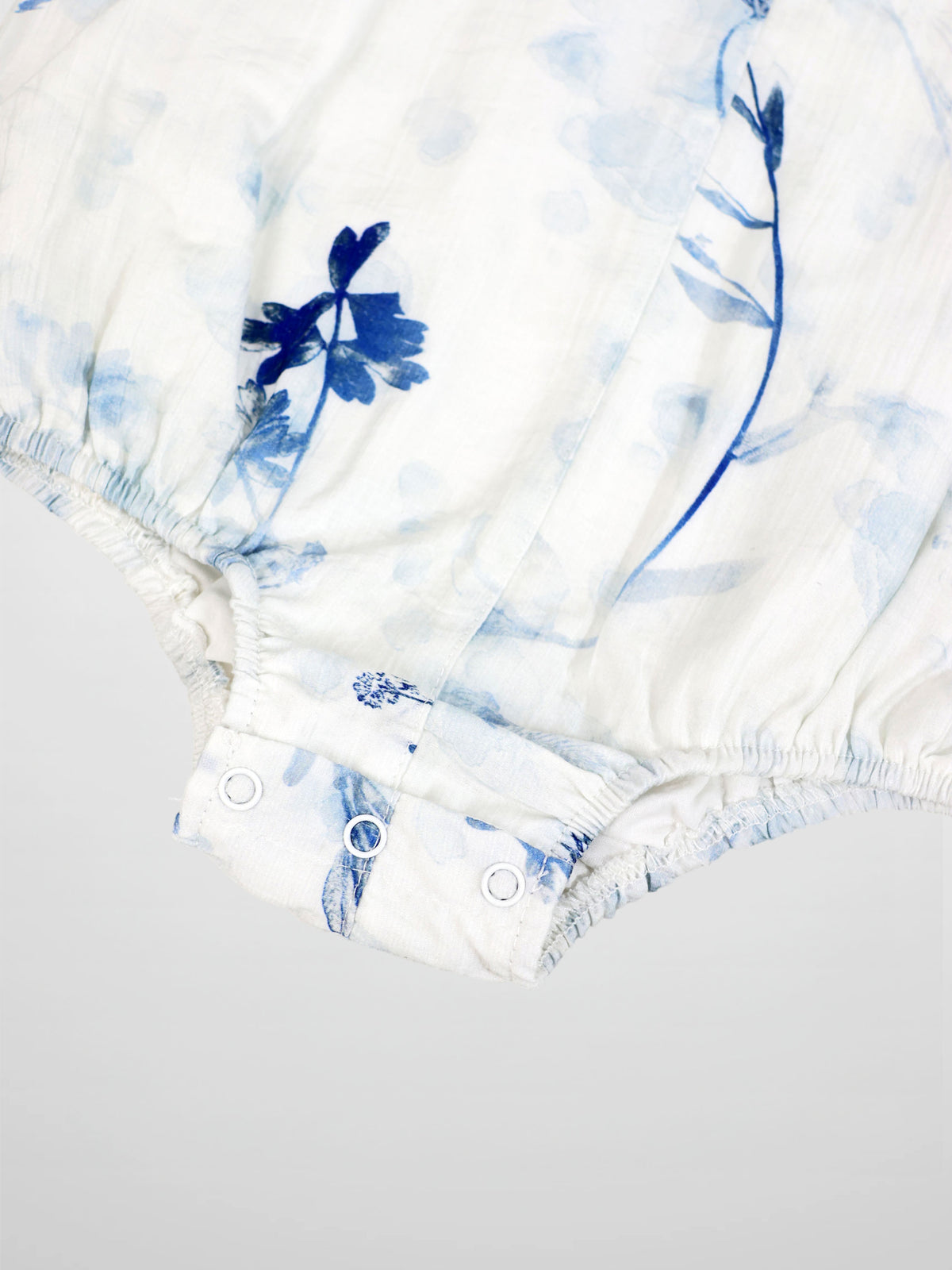 Blue Flower Romper by Adee; girls dressy romper in white fabric with blue floral print