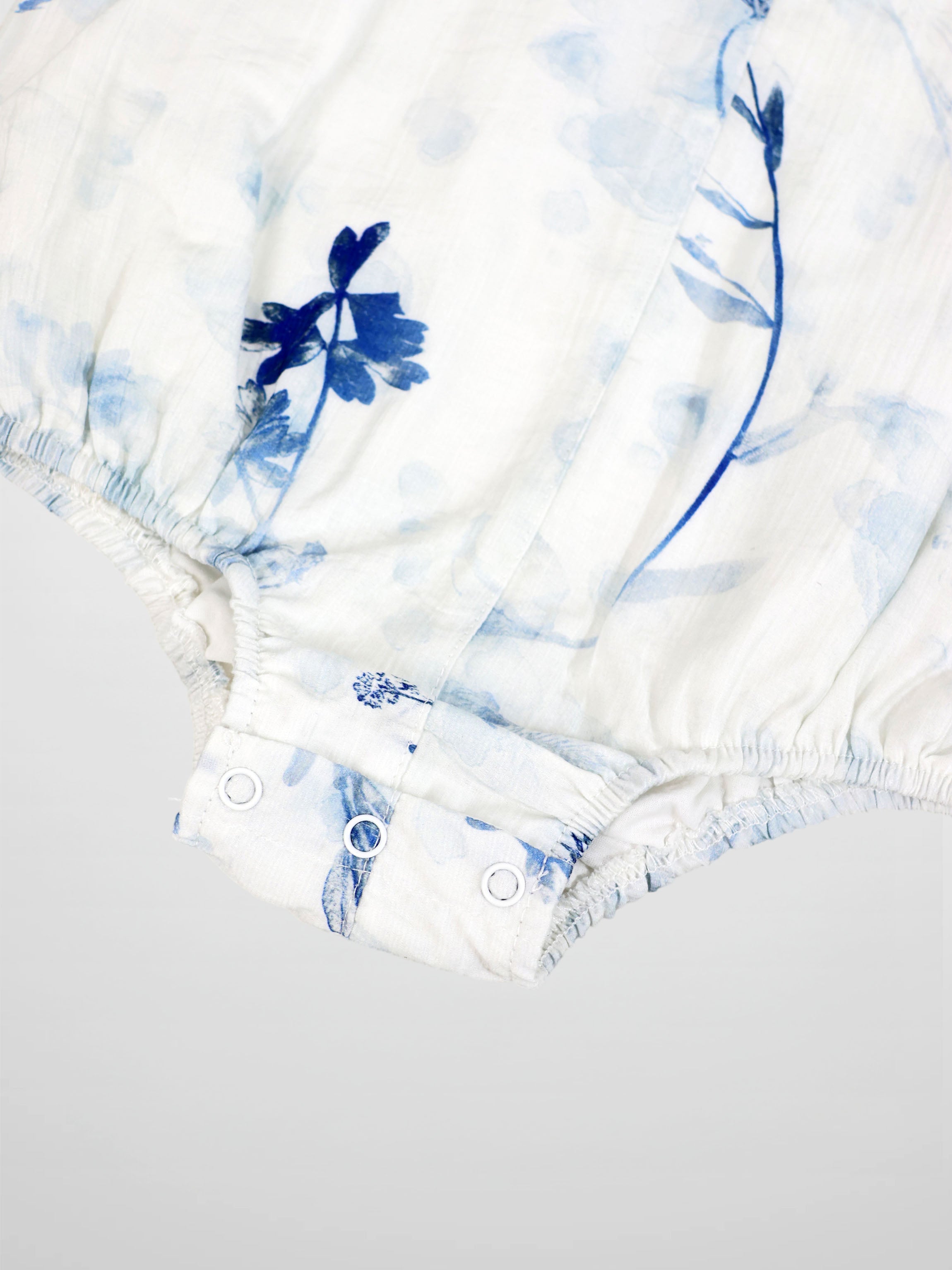 Blue Flower Romper by Adee; girls dressy romper in white fabric with blue floral print