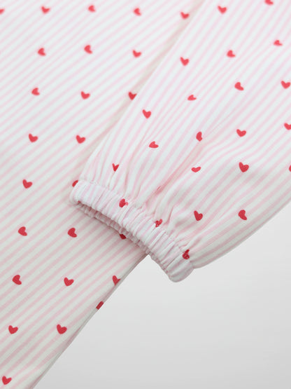 Pink Heart Nightgown for girls with pink striped fabric and red hearts; elastic cuff sleeve.
