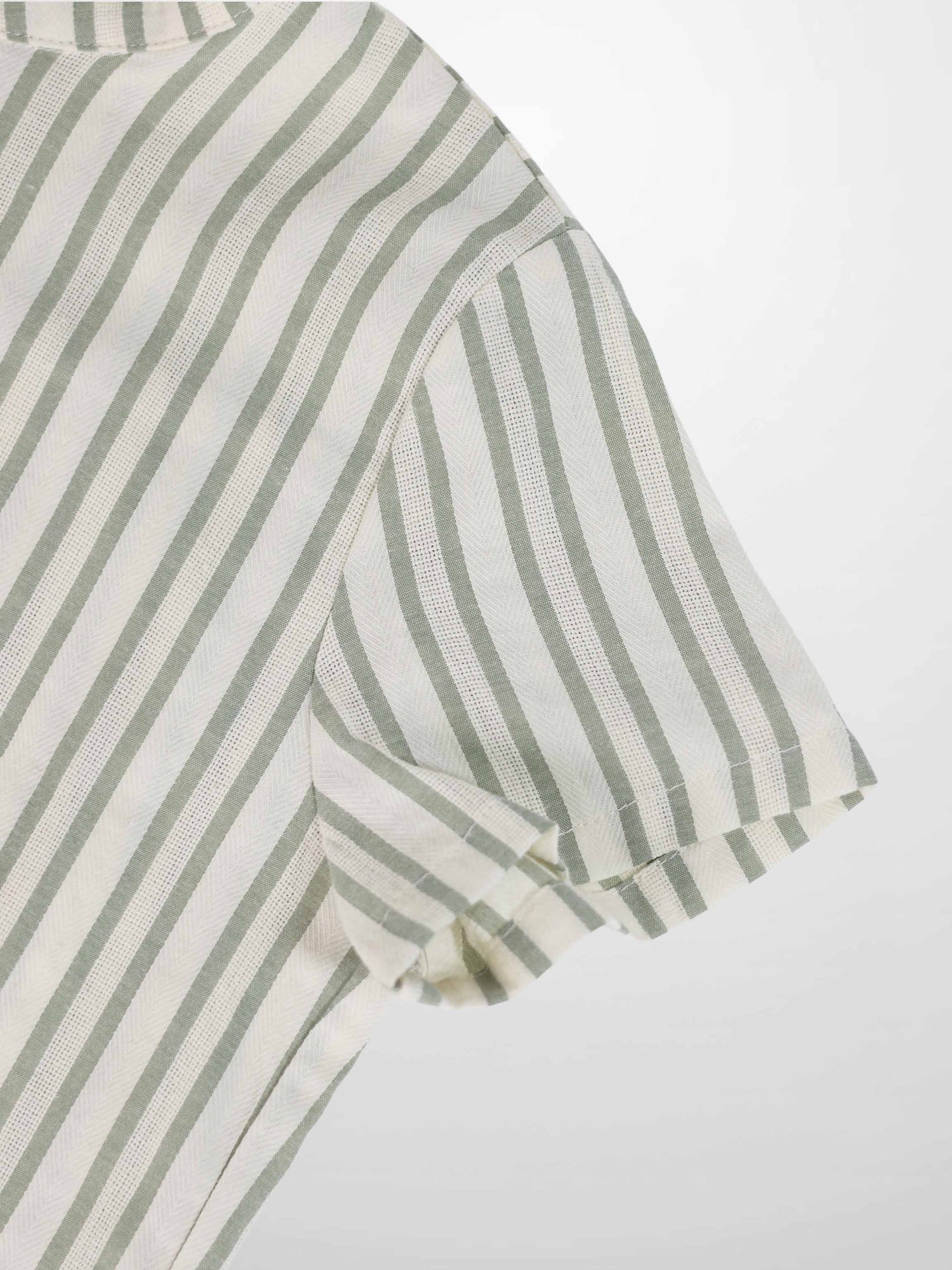 Green striped shirt sleeve from Adee Little Boys Dressy Set; white fabric with sage-green stripes