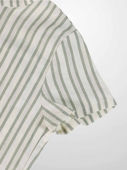 Green striped shirt sleeve from Adee Little Boys Dressy Set; white fabric with sage-green stripes