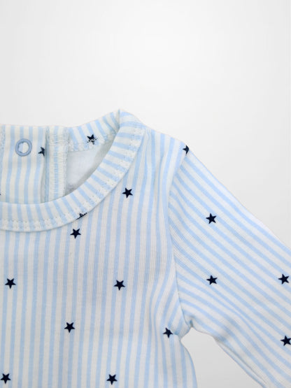 Blue Star Stretchy baby jumpsuit footie in light blue stripes with navy stars and scalloped trim.