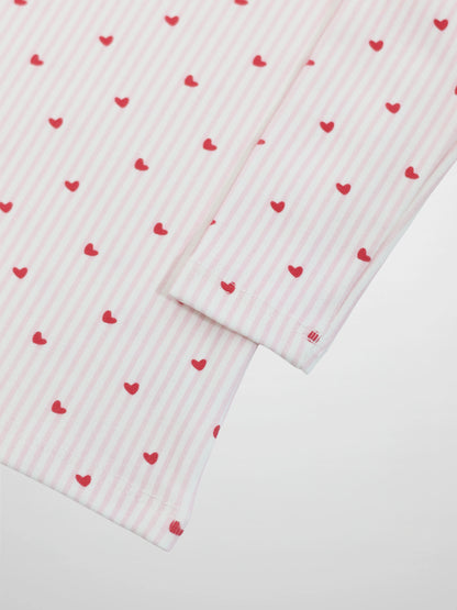Pink Heart Pajamas for girls; pink striped fabric with red hearts.