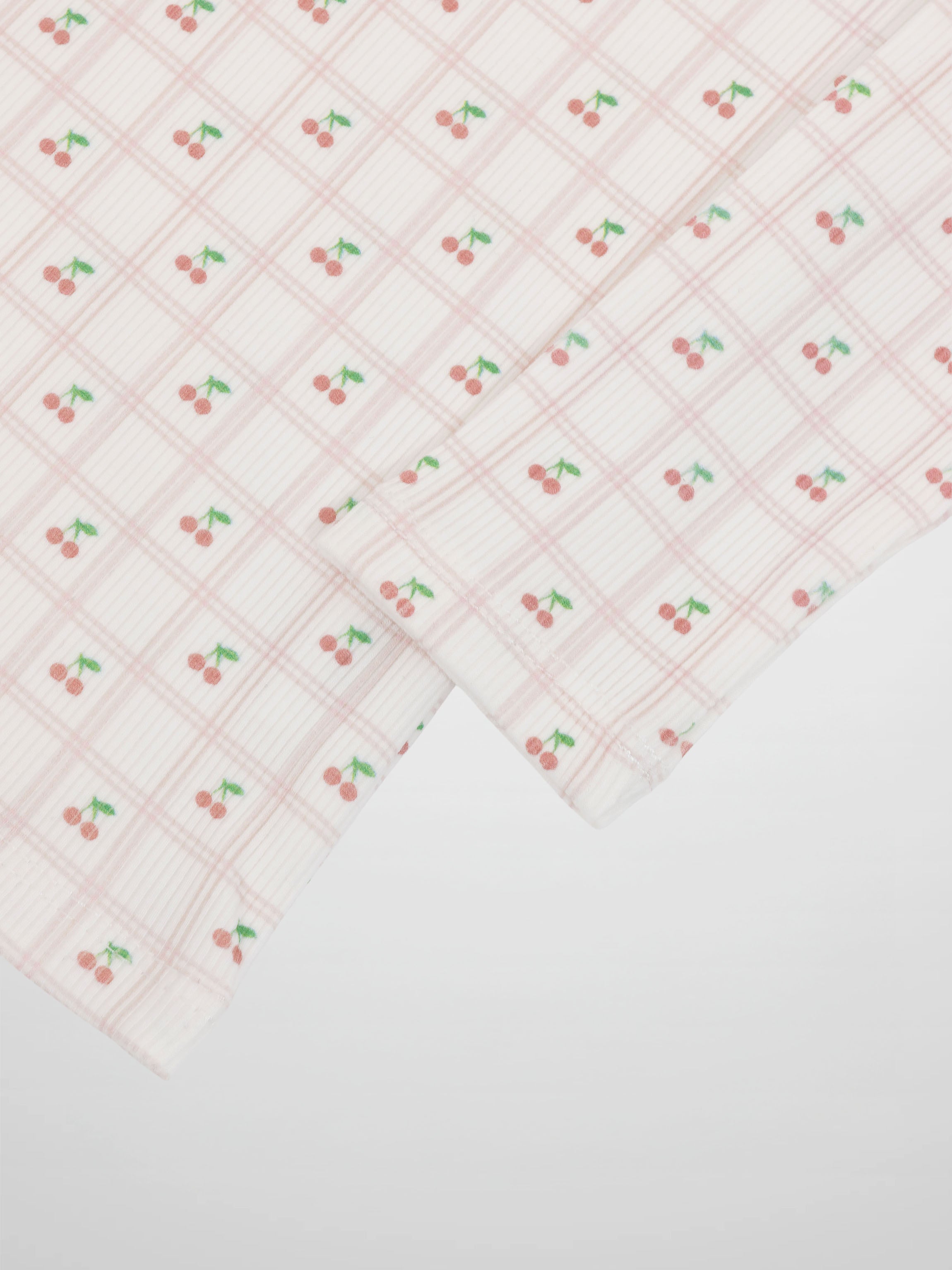 Cherry Window Pajamas for girls by Adee in light pink plaid grid with cherry motifs.