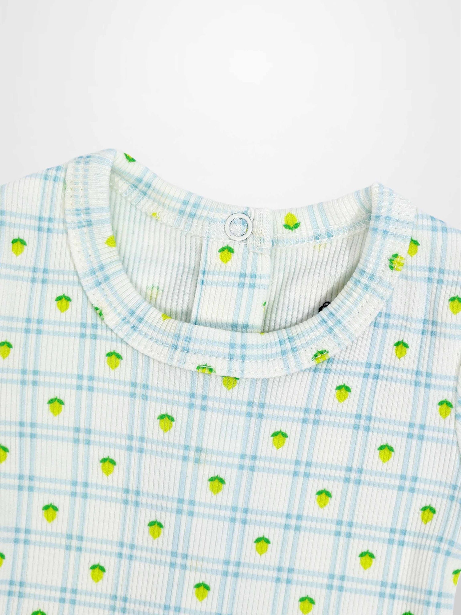 Lemon Window Stretchy boys top; crisp white base with light blue plaid and small lemon motifs.