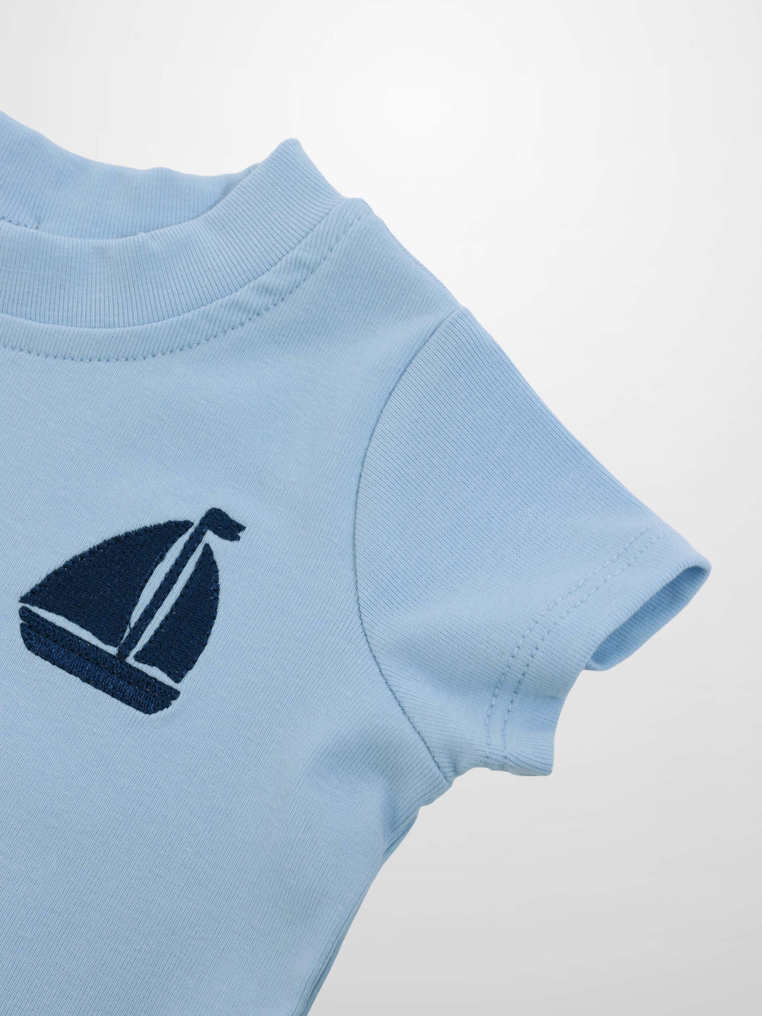 Short Sleeve Emblem Boxy T-Shirt for boys, light blue with navy sailboat embroidery by Adee