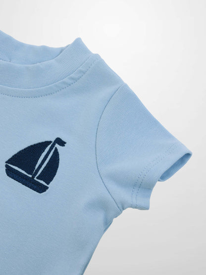 Short Sleeve Emblem Boxy T-Shirt for boys, light blue with navy sailboat embroidery by Adee