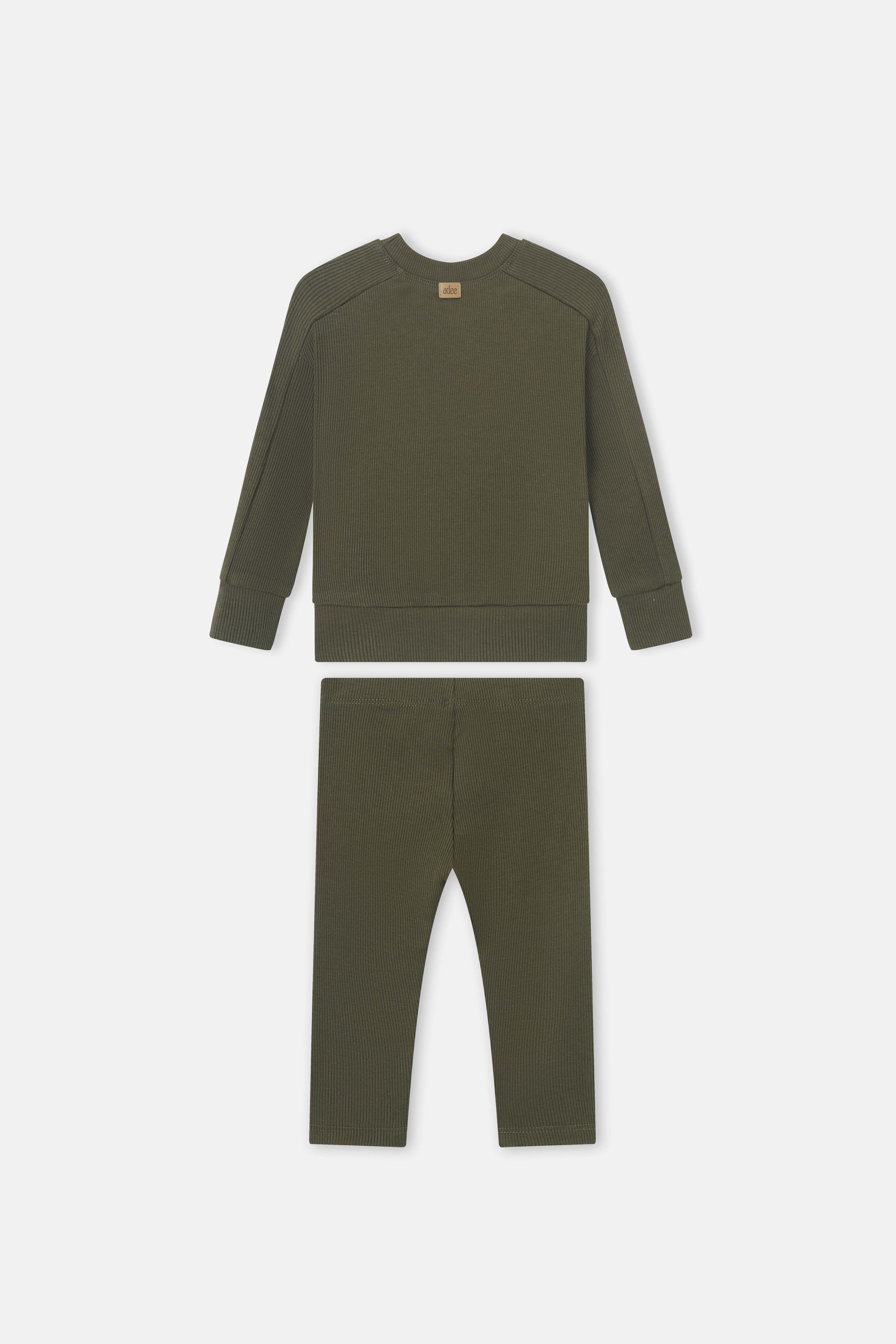 Adee Bomber Set Olive Green, 2-piece unisex ribbed knit sweatshirt and pants