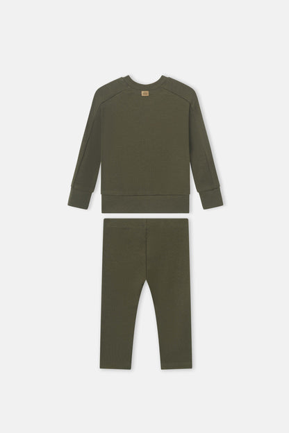 Adee Bomber Set Olive Green, 2-piece unisex ribbed knit sweatshirt and pants