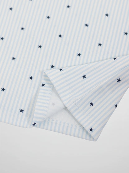 Blue Star Pajamas for boys by Adee, light blue striped fabric with navy stars