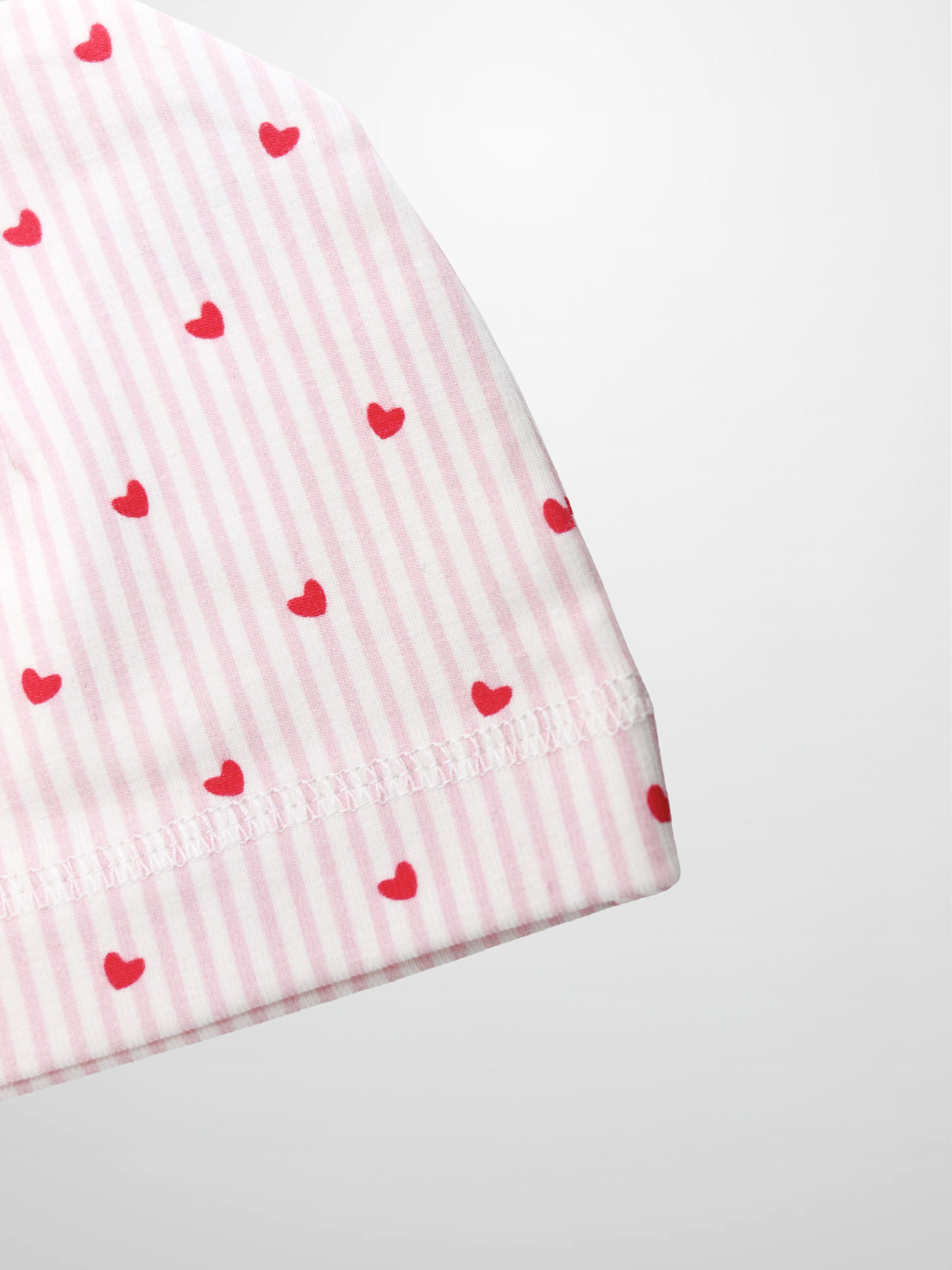 Pink Heart Hat for girls by Adee, pink striped fabric with red hearts.