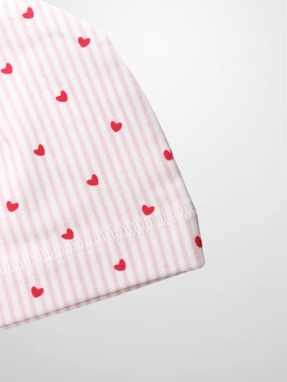 Pink Heart Hat for girls by Adee, pink striped fabric with red hearts.