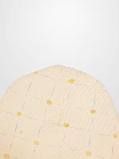 Grand Slam Hat for boys by Adee, pale yellow with thin pale blue strokes and yellow dots.