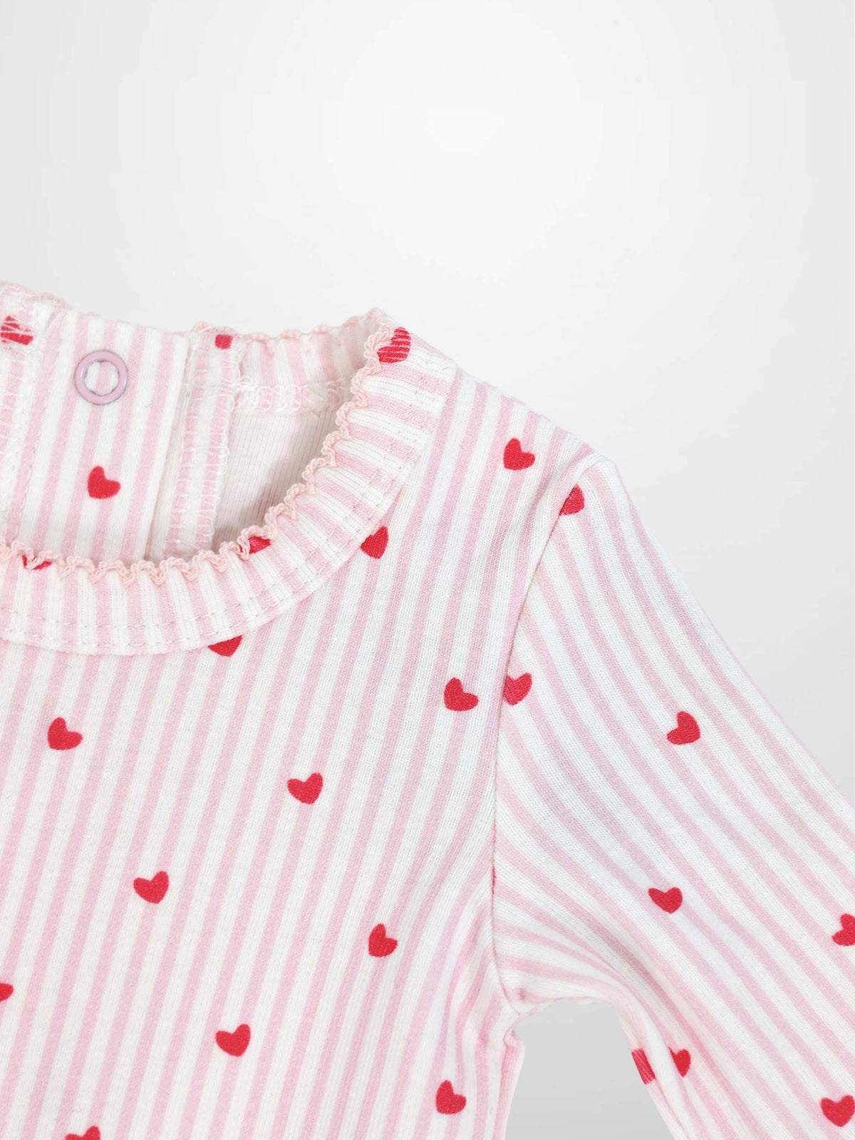 Pink Heart Stretchy with Lace, pink and white striped fabric with red hearts and lace trim