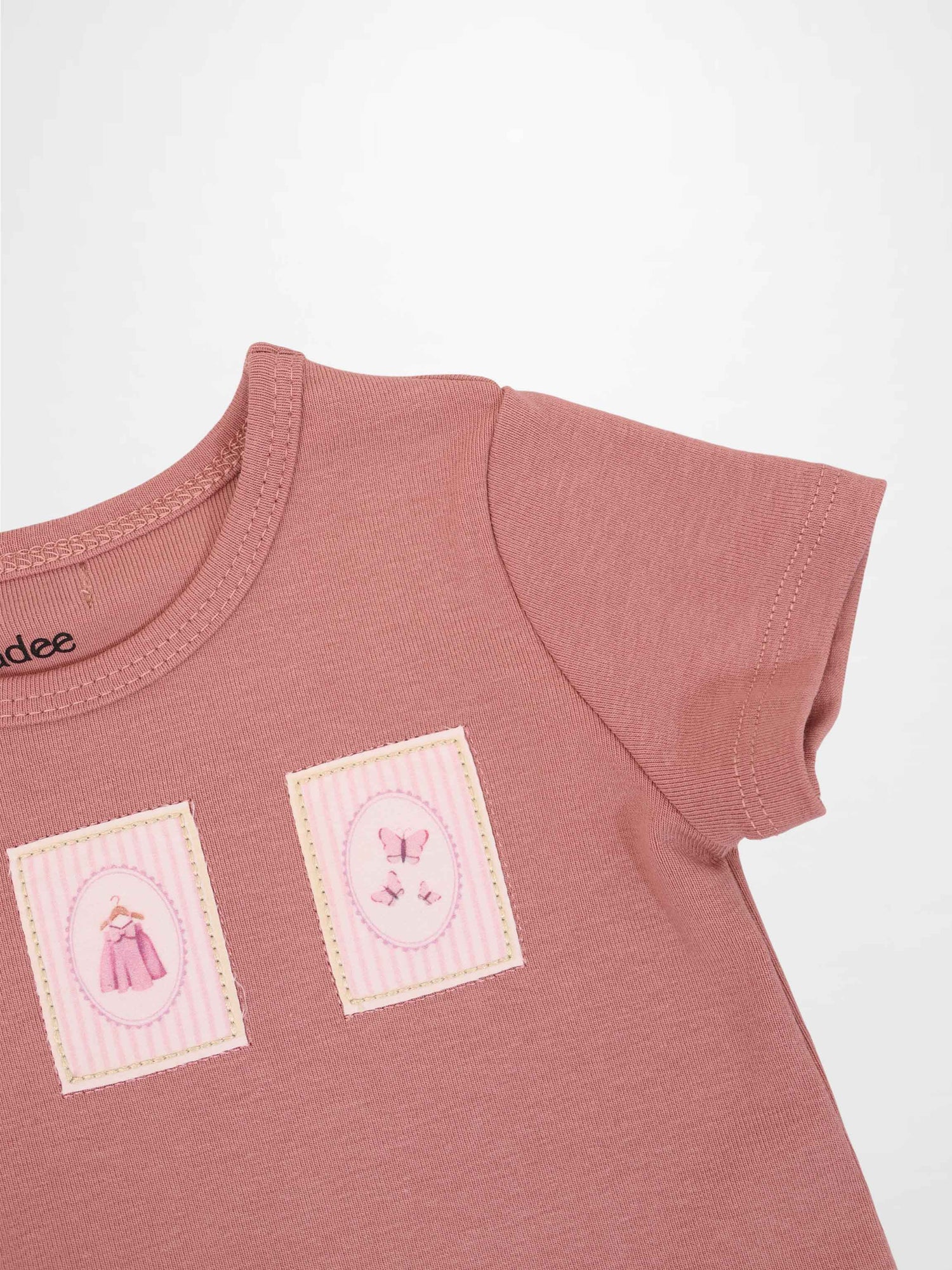 Cherry Frame Set for little girls; dusty pink top with two pink framed patches, by Adee.