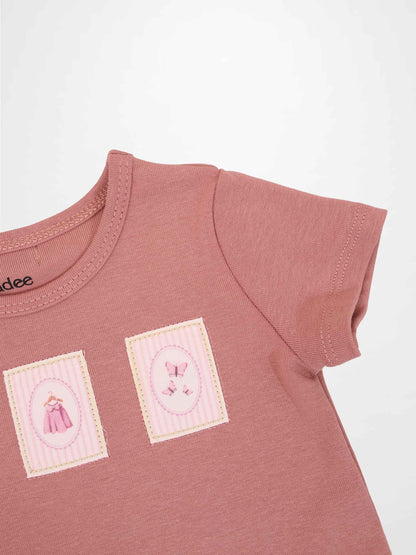Cherry Frame Set for little girls; dusty pink top with two pink framed patches, by Adee.