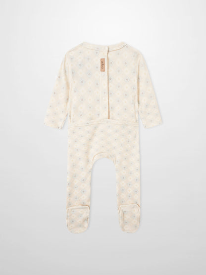 Little Button Blue layette set Adee for baby boys; beige ribbed fabric with small pastel dots; back view with snaps.