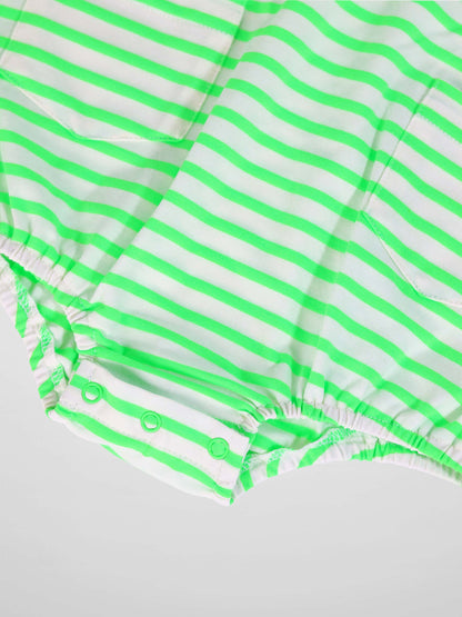 Adee Neon Green Striped Boys Romper with white base and snap crotch closures